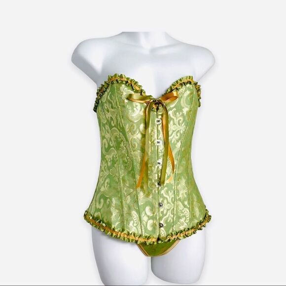 Shein Women’s Lace Up Satin Floral Frill Trim Corset Bustier Thong Bright Green - Picture 1 of 16